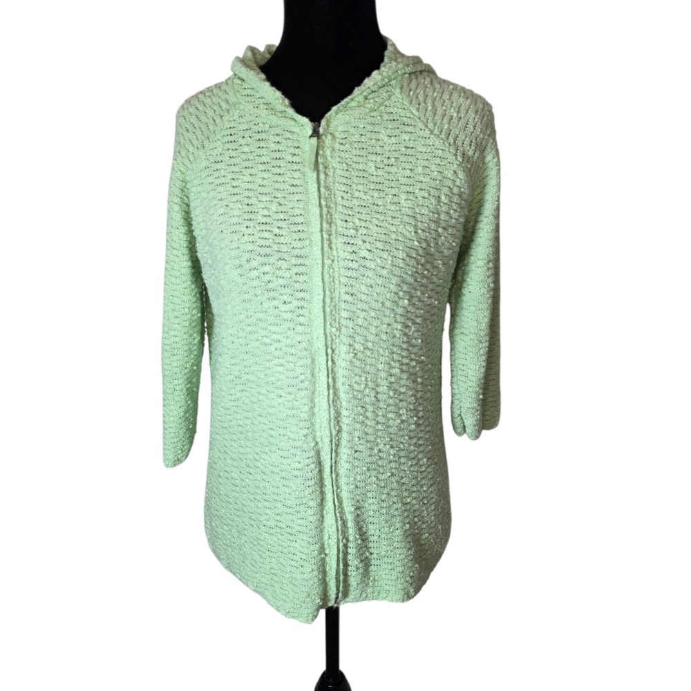 J Jill Womens Medium Green Cotton Linen Hooded Zip Cardigan Lightweight Sweater